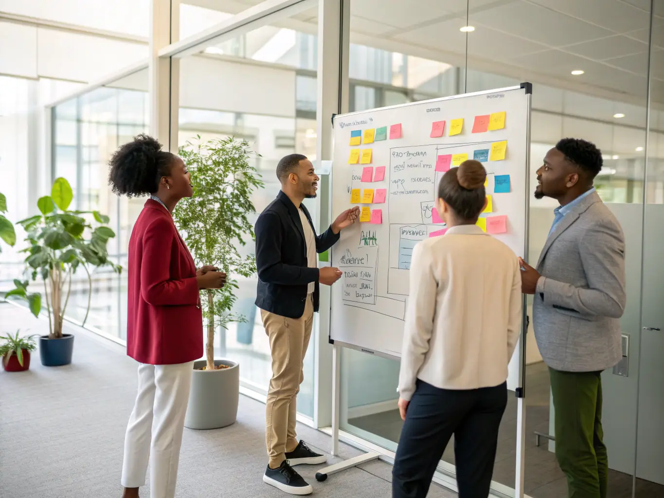 A diverse team of consultants collaborating in a modern office, brainstorming ideas and strategies on a whiteboard, reflecting ARENA TEAM's collaborative and innovative approach.