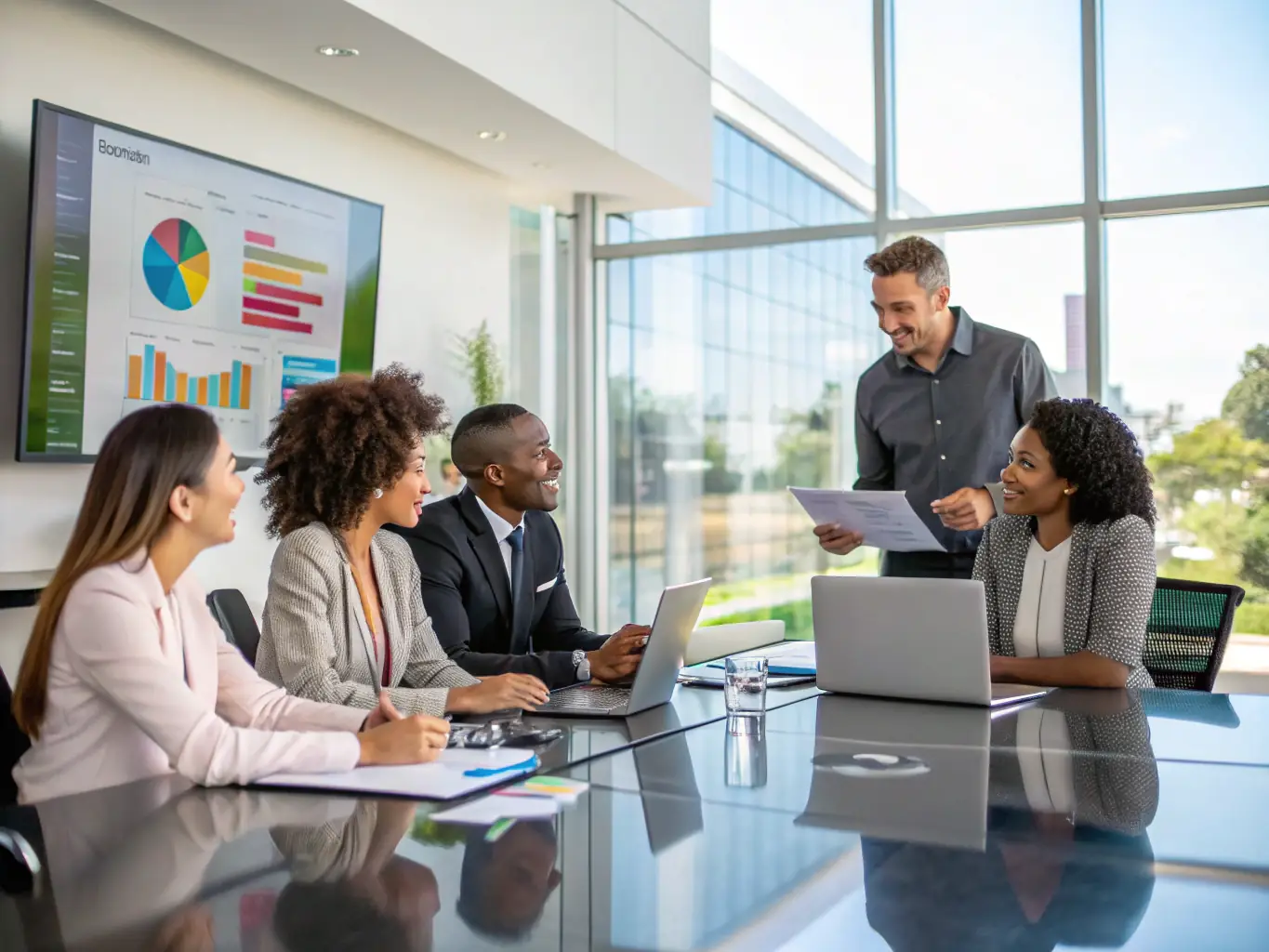 A consultant presenting data-driven insights and strategic recommendations to a client team in a boardroom setting, highlighting ARENA TEAM's focus on measurable results.