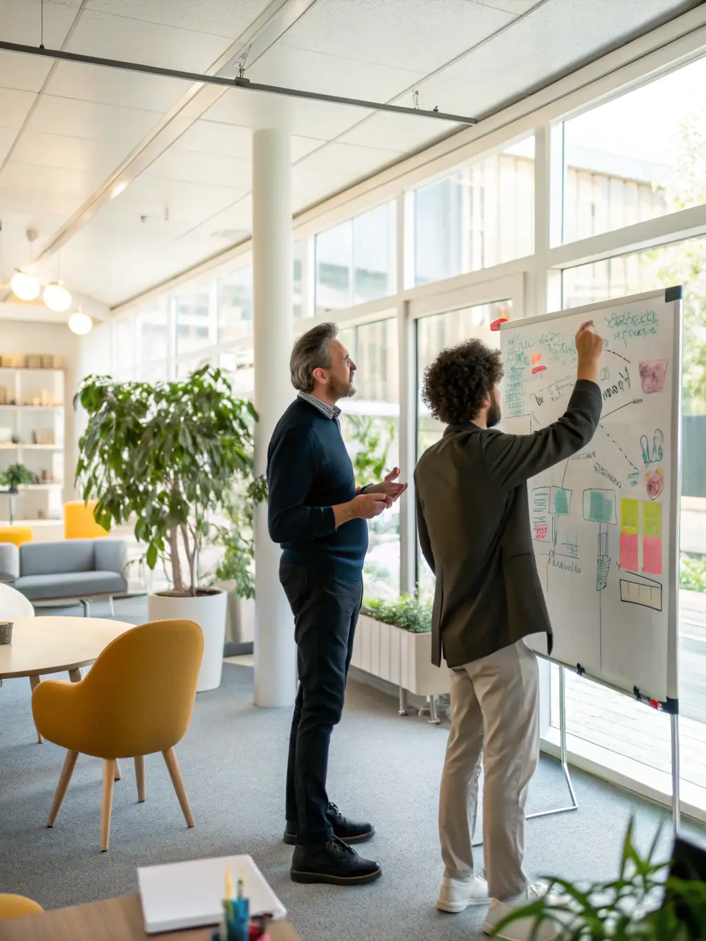 A consultant working with a client on a digital whiteboard, mapping out a strategic plan with digital tools, showcasing ARENA TEAM's integration of digital solutions into strategic development.