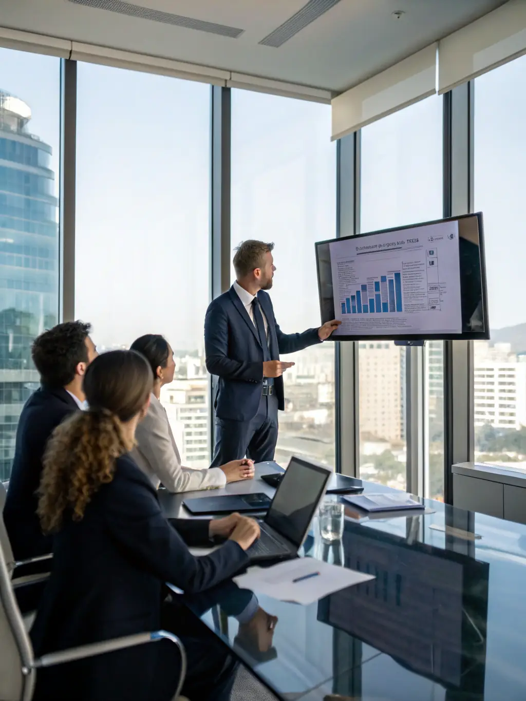 An image of a consultant presenting a strategic roadmap to a board of directors in a modern boardroom, emphasizing ARENA TEAM's ability to guide organizations from strategy to implementation.