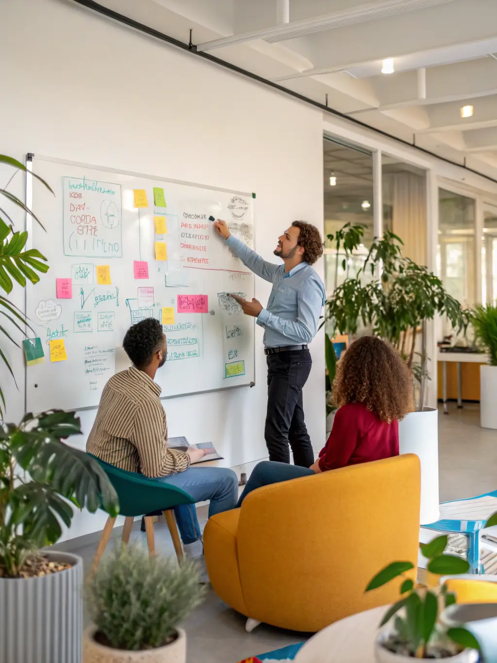 A high-angle shot of a diverse team of consultants brainstorming around a large table in a modern office, with strategy maps and data visualizations projected on the wall, representing ARENA TEAM's collaborative approach to strategic development.