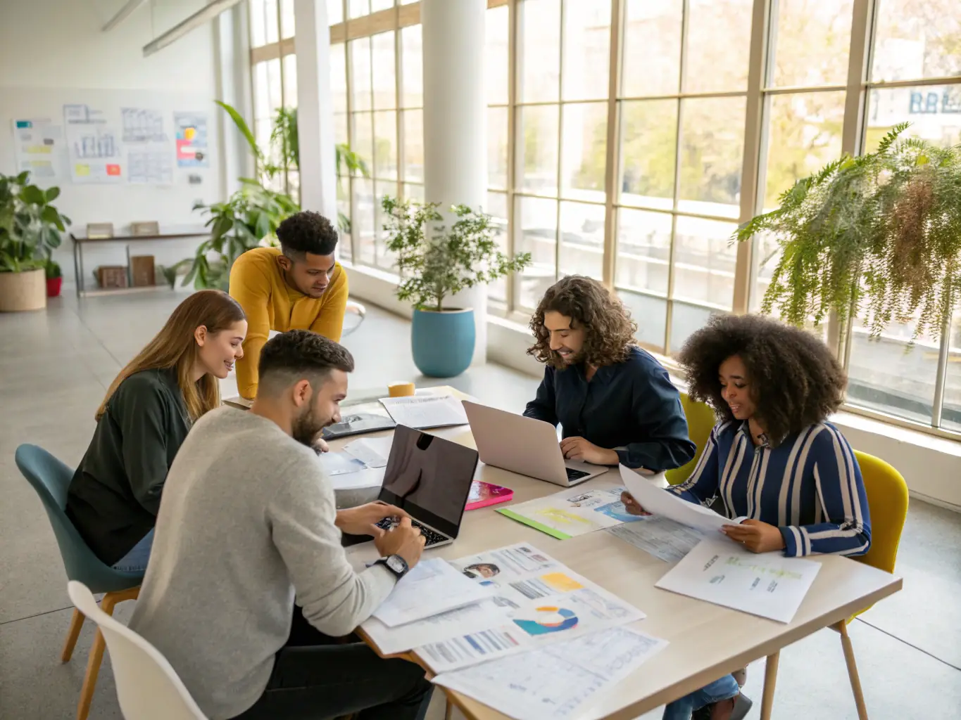 A photograph depicting a diverse team of ARENA TEAM consultants collaborating in a modern, Scandinavian-designed office space, emphasizing teamwork and integration.